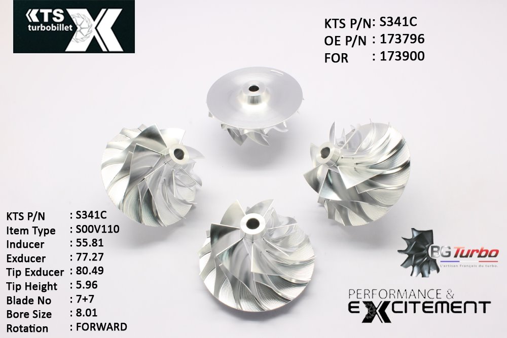 Turbo ROUE FORGÉE MFS PERFORMANCE - 7+7 PALES - INDUCER : 55,81 - EXDUCER : 77,27 - TYPE : S00V111ANGLE : 70° - ROTATION : Forward - SUPER BACK : 7,39 - BORE SIZE : 8,01

